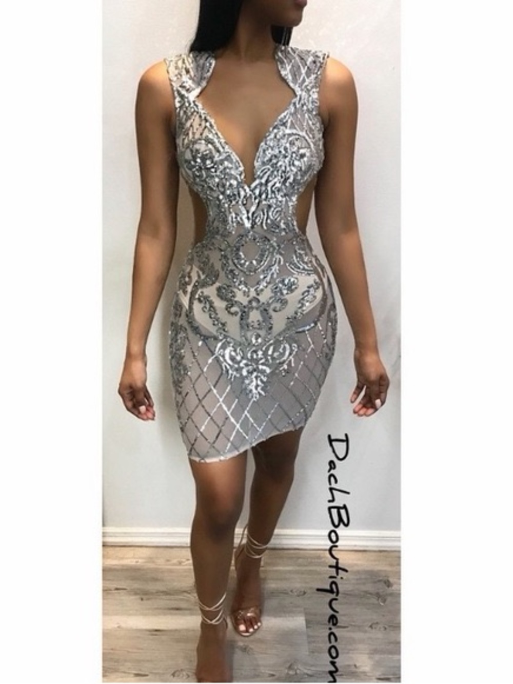 Silver Sequin Plunge Mini Dress